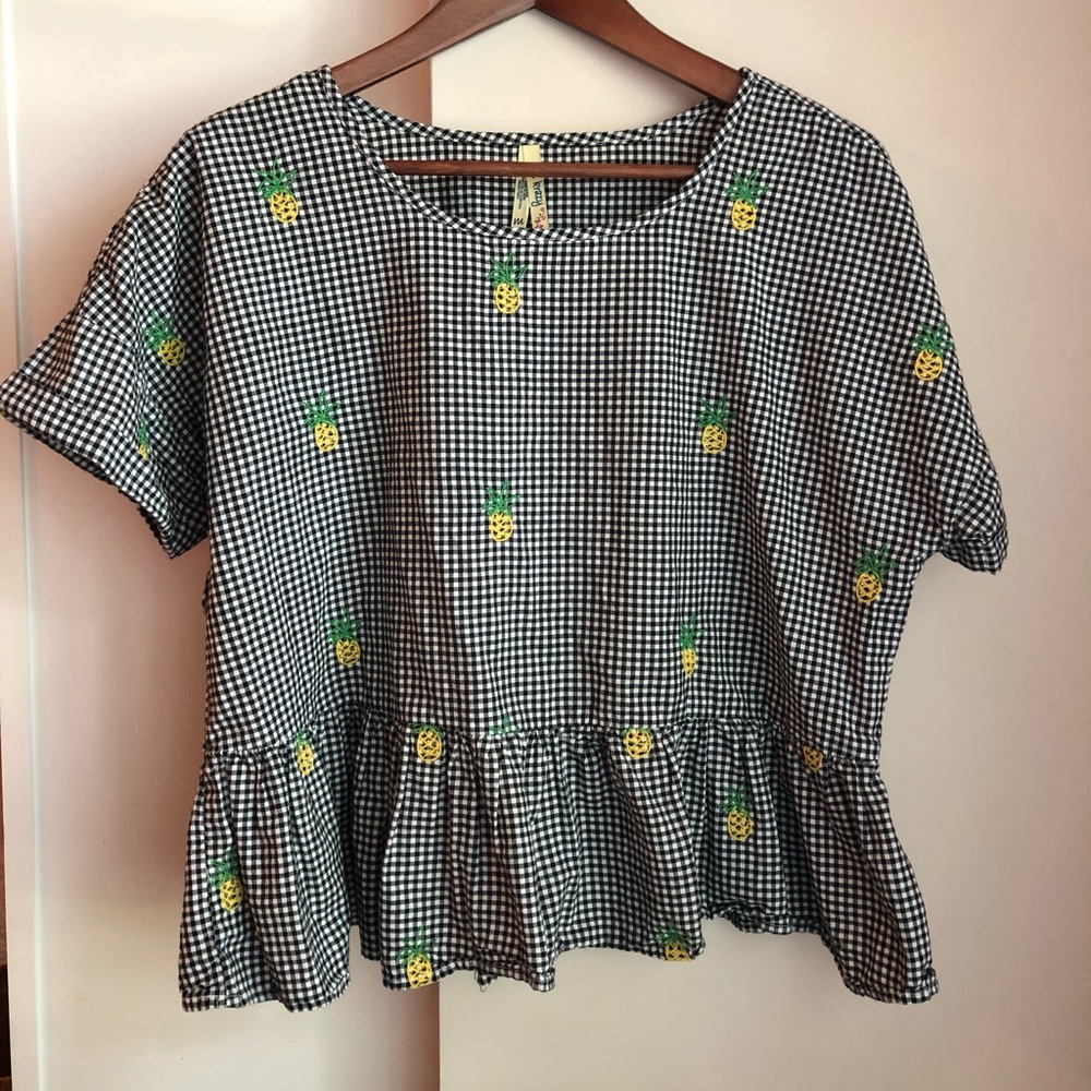 Gingham Pineapple Peplum Ruffled Top